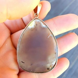 New Sliced Natural Agate Crystal Silver Pendant.